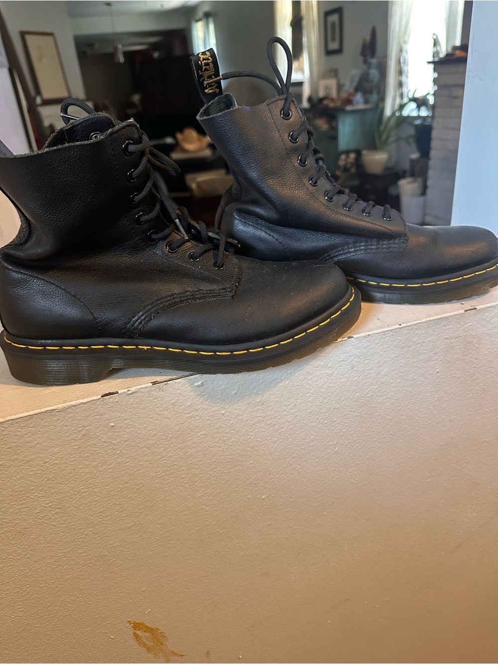 Dr. Martens Black Leather Lace-Up Boots with Yellow Welt Stitching